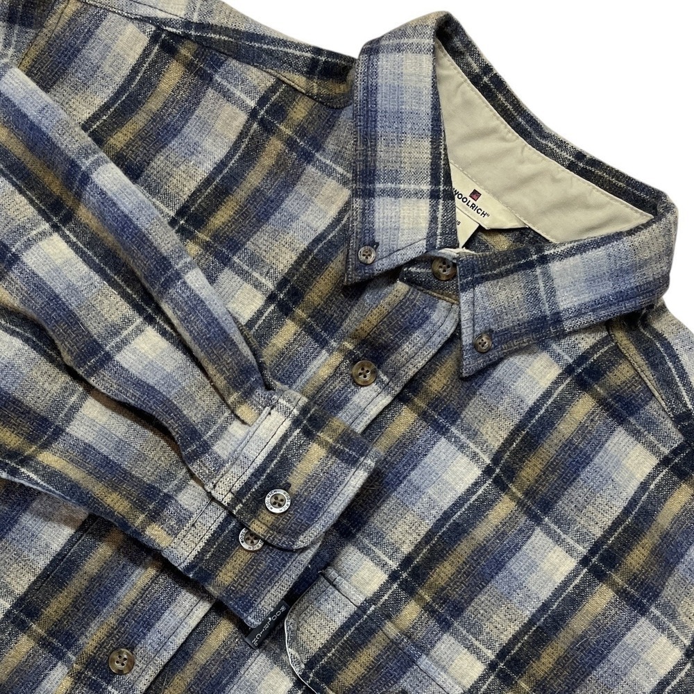 Woolrich Flannel Shirt Mens L Blue Plaid Wool Blend Button Down Rugged Workwear